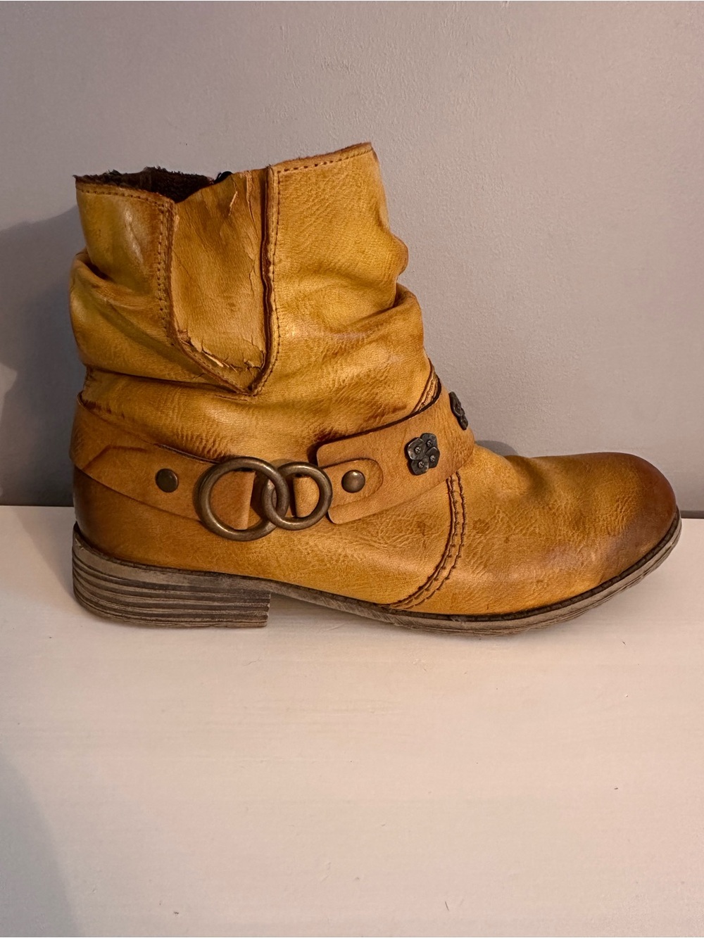 Rieker - Cayenne Leather Boots, Distressed Finish, Cognac Mustard, Size 8.5 - Picture 6 of 14